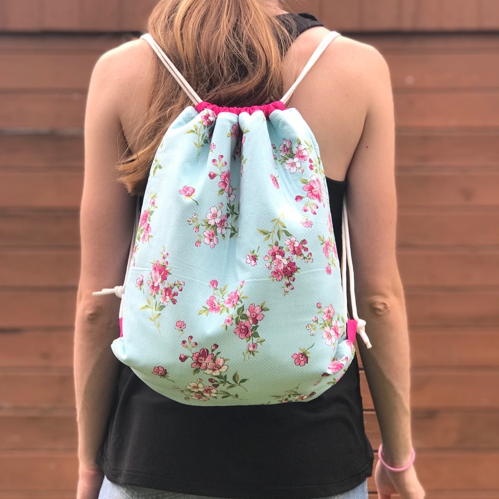 Floral String Backpack with Dark Pink Lining